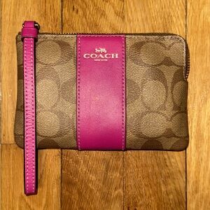 Coach Brown Signature Wristlet with Fuchsia Stripe
